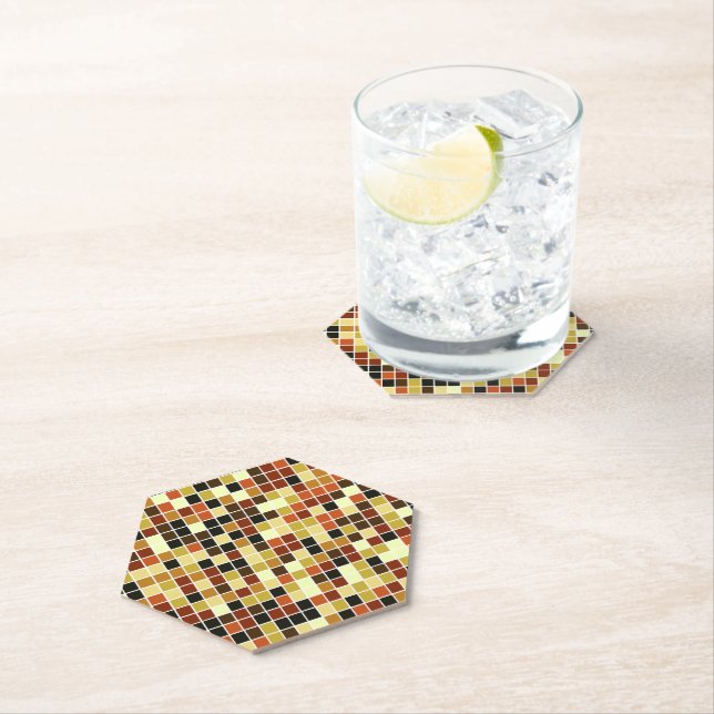 Pool Tiles, Brown Mosaic Tiles, Geometric Pattern Paper Coaster (Insitu)