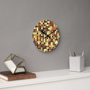 Pool Tiles, Brown Mosaic Tiles, Geometric Pattern Round Clock