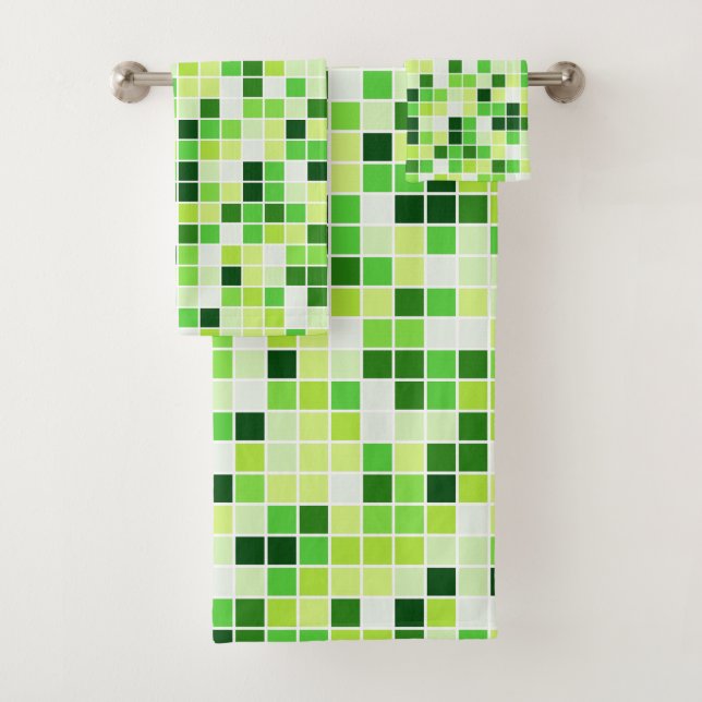 Pool Tiles, Green Mosaic Tiles, Geometric Pattern Bath Towel Set (Insitu)