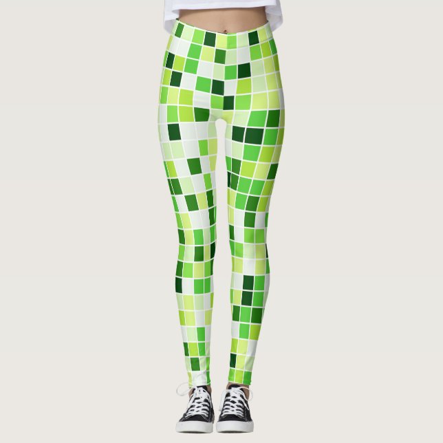 Pool Tiles, Green Mosaic Tiles, Geometric Pattern Leggings (Front)