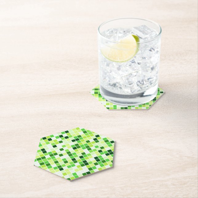 Pool Tiles, Green Mosaic Tiles, Geometric Pattern Paper Coaster (Insitu)