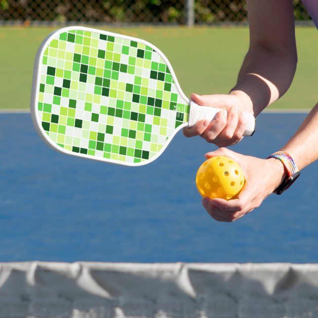 Pool Tiles, Green Mosaic Tiles, Geometric Pattern Pickleball Paddle (Insitu)