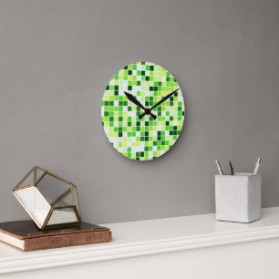 Pool Tiles, Green Mosaic Tiles, Geometric Pattern Round Clock