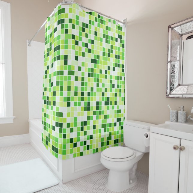 Pool Tiles, Green Mosaic Tiles, Geometric Pattern Shower Curtain (In Situ)