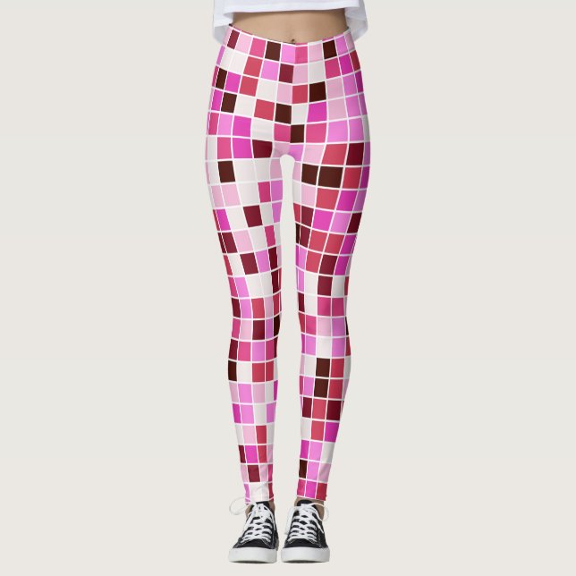 Pool Tiles, Pink Mosaic Tiles, Geometric Pattern Leggings (Front)