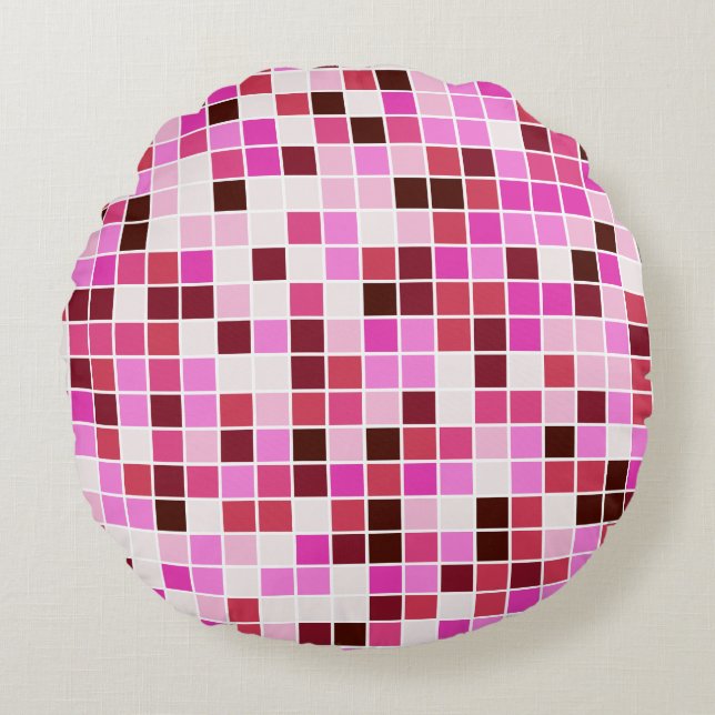 Pool Tiles, Pink Mosaic Tiles, Geometric Pattern Round Cushion (Front)