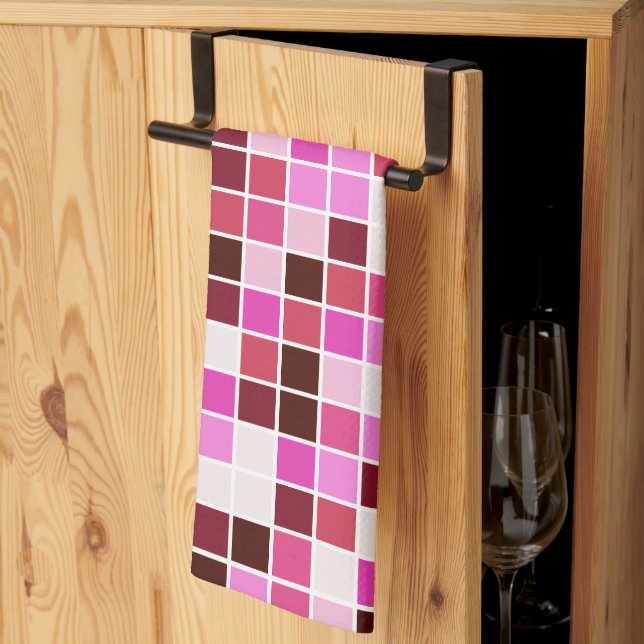 Pool Tiles, Pink Mosaic Tiles, Geometric Pattern Tea Towel (Thirds Fold)