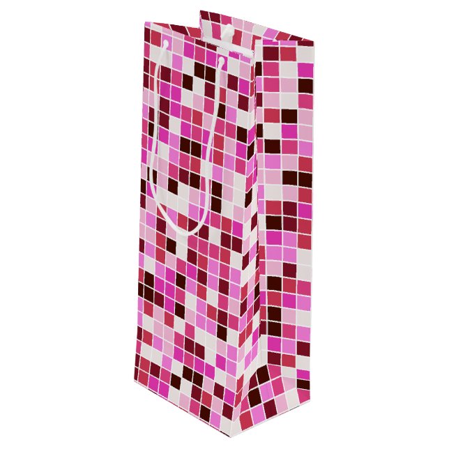 Pool Tiles, Pink Mosaic Tiles, Geometric Pattern Wine Gift Bag (Back Angled)
