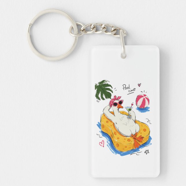 Pool Time Funny Duck with Sunglasses & Cocktail Key Ring (Front)