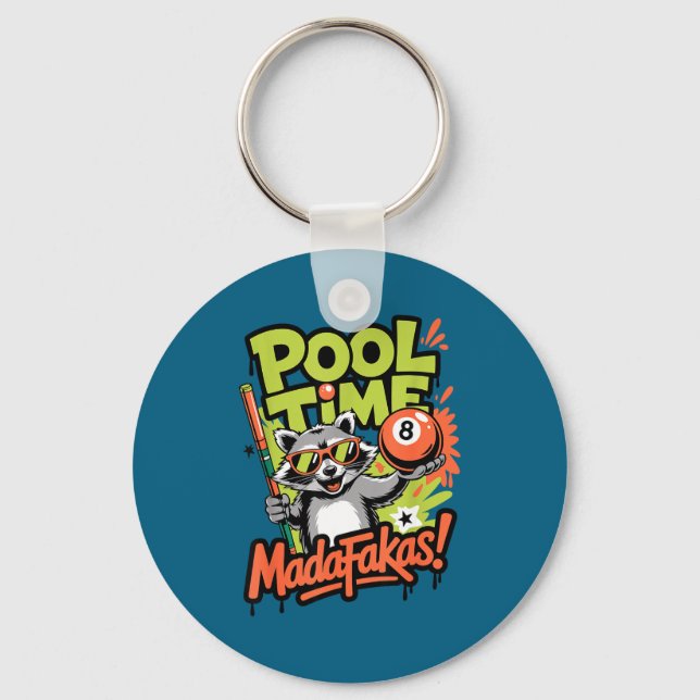 Pool time madafakas funny racoon billiards player key ring (Front)