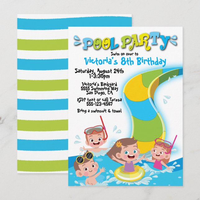 Pool Waterslide Birthday Party Invitation (Front/Back)