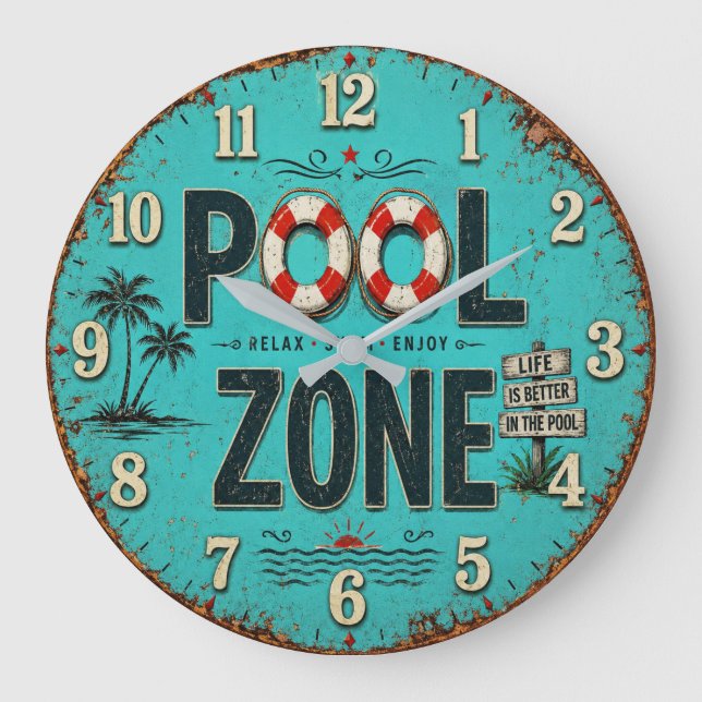 Pool Zone Vintage Poolside Large Clock (Front)