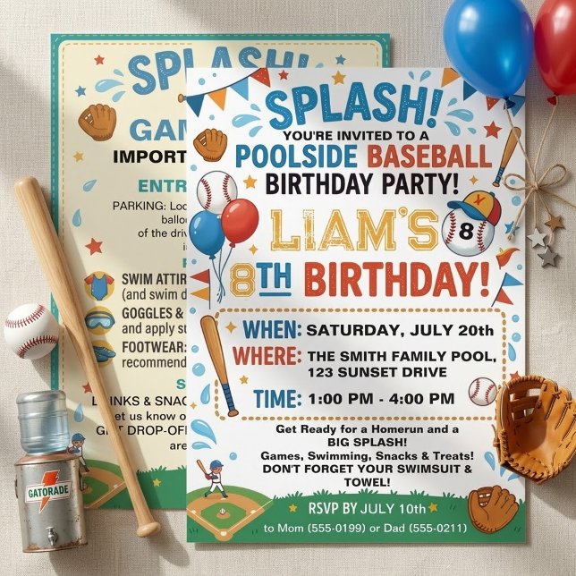 Poolside Baseball Birthday Party Splish Splash  Invitation (Creator Uploaded)