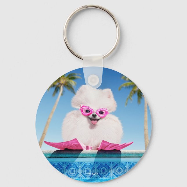 Poolside Dog In Flippers Key Ring (Front)