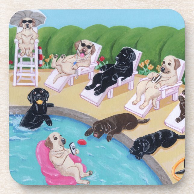 Poolside Party Labradors Painting Coaster (Front)