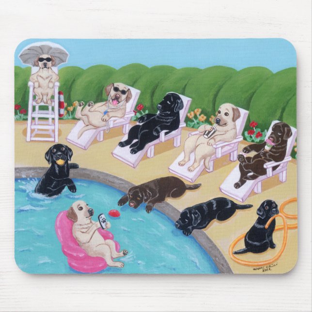 Poolside Party Labradors Painting Mouse Mat (Front)