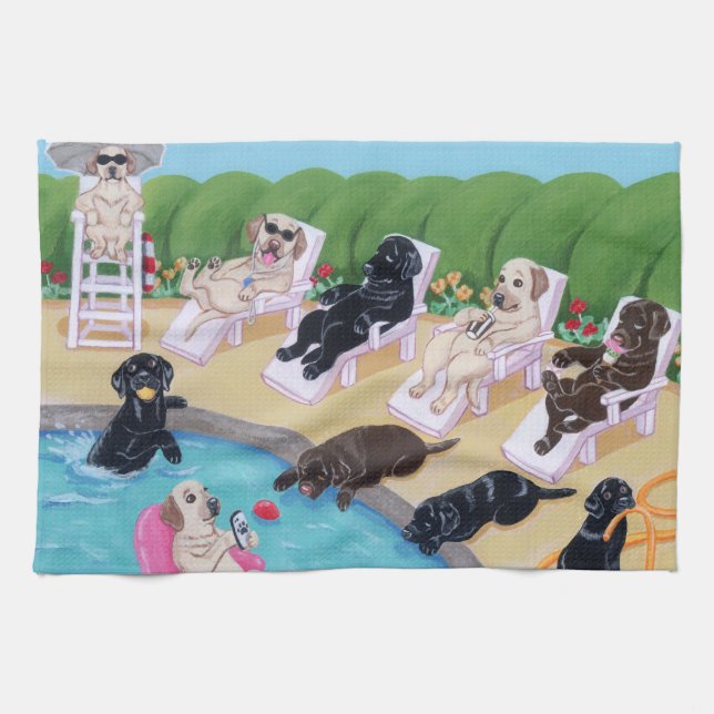 Poolside Party Labradors Painting Tea Towel (Horizontal)