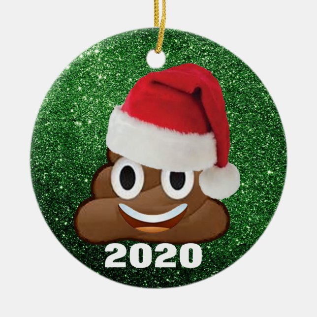 Poop Emoji Santa Hat Green Glitter 2020 Christmas Ceramic Tree Decoration (Front)