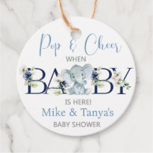 Pop and cheer elephant boy baby shower tags.