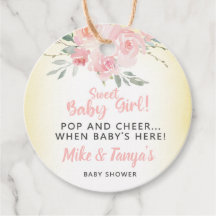 Pop and cheer sweet baby girl baby shower tags.