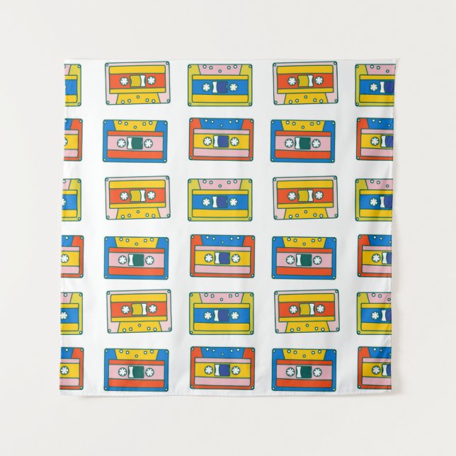 Pop art 90s seamless pattern of music cassettes. B Tapestry (Front)