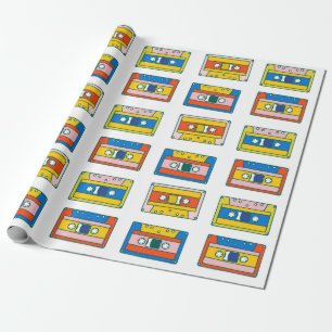 Pop art 90s seamless pattern of music cassettes. B Wrapping Paper