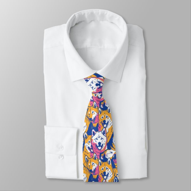 Pop Art Akita Dog Colourful Pattern Tie (Tied)