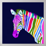 Pop Art Animal Poster<br><div class="desc">A digital art illustration of a zebra head, set against a dark blue background. The zebra is depicted with vibrant, non-traditional colors, its stripes rendered in shades of pink, purple, green, blue, and orange. The mane is a mix of red, yellow, and green. The style is flat and graphic, with...</div>