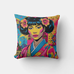 Pop Art Asian Woman in Floral Kimono Cushion
