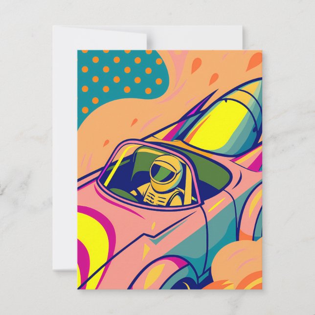 Pop Art Astronaut Driving Rocket Car Card (Front)