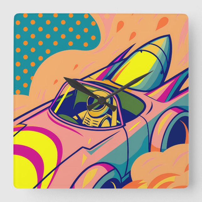 Pop Art Astronaut Driving Rocket Car Square Wall Clock (Front)