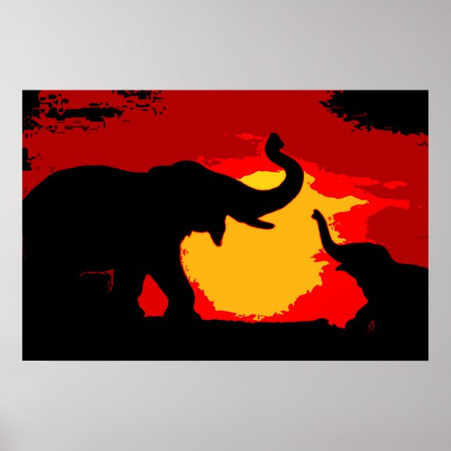 Pop Art Baby & Mum Elephants at Red Sunset Poster (Front)