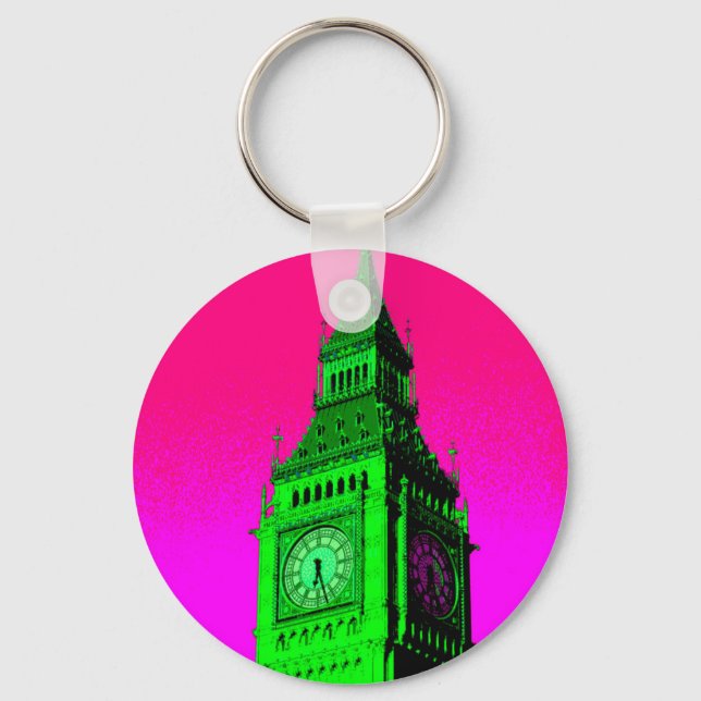 Pop Art Big Ben London Travel Pink Green Key Ring (Front)