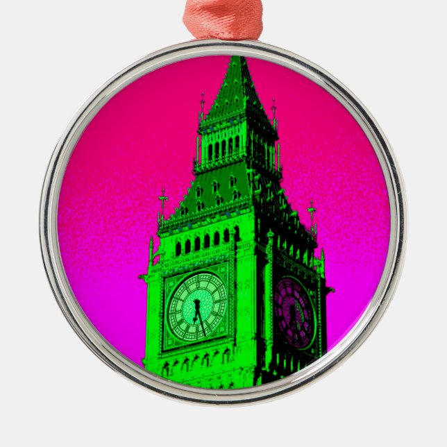 Pop Art Big Ben London Travel Pink Green Metal Tree Decoration (Front)