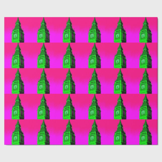 Pop Art Big Ben London Travel Pink Green Wrapping Paper (Seam)