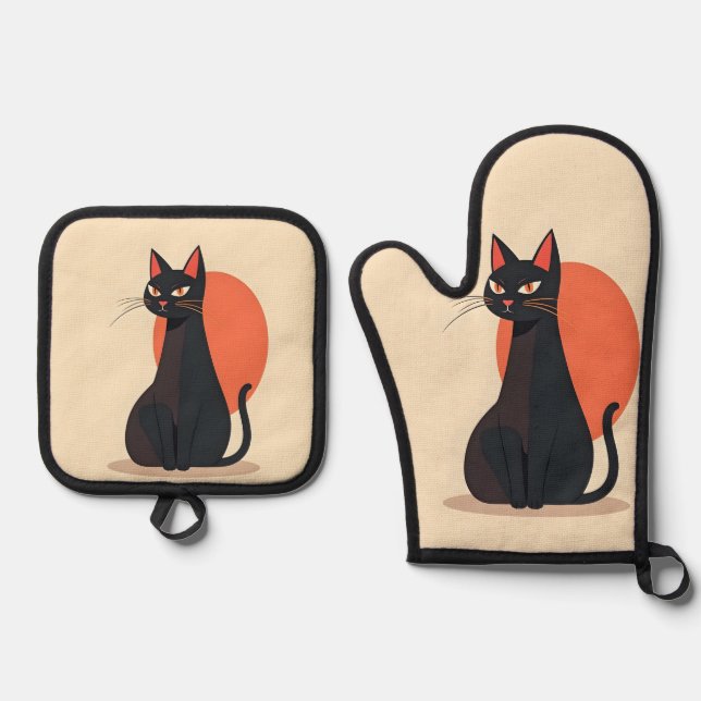 Pop Art Black Cat with Orange Sun Oven Mitt & Pot Holder Set (Front)