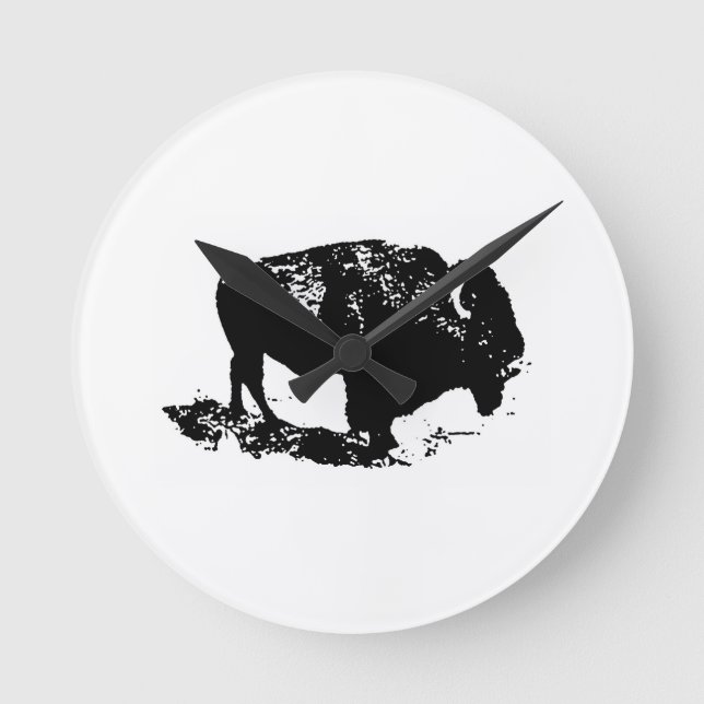 Pop Art Black White Buffalo Bison Silhouette Round Clock (Front)