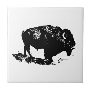 Pop Art Black White Buffalo Bison Silhouette Tile