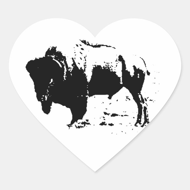 Pop Art Black & White Buffalo Silhouette Heart Sticker (Front)