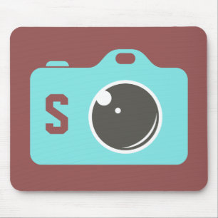 Pop Art Blue Camera Burgundy Monogram Mouse Mat