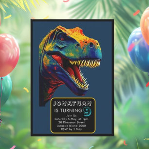  Pop Art Blue Dinosaur birthday Invitation