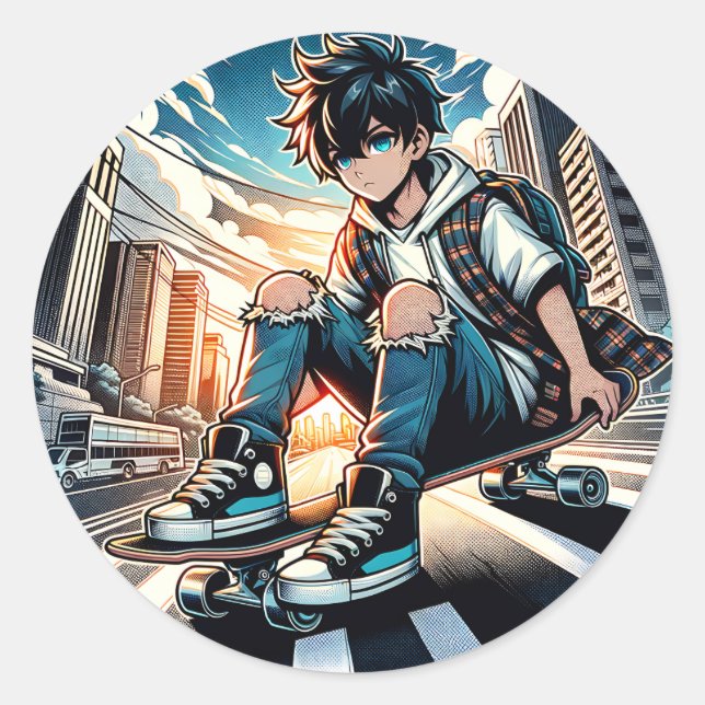 Pop Art Boy on Skateboard in City  Classic Round Sticker (Front)