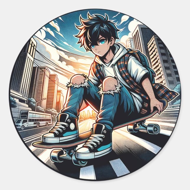 Pop Art Boy on Skateboard in City  Classic Round Sticker (Front)