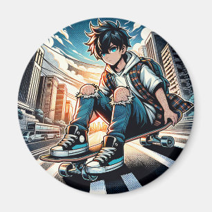 Pop Art Boy on Skateboard in City  Magnet