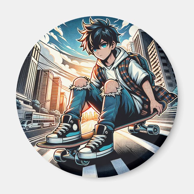 Pop Art Boy on Skateboard in City  Magnet (Front)
