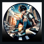 Pop Art Boy on Skateboard in City  Poster<br><div class="desc">An anime boy riding his skateboard riding down a city street with ripped jeans and an urban background comic book style art.</div>