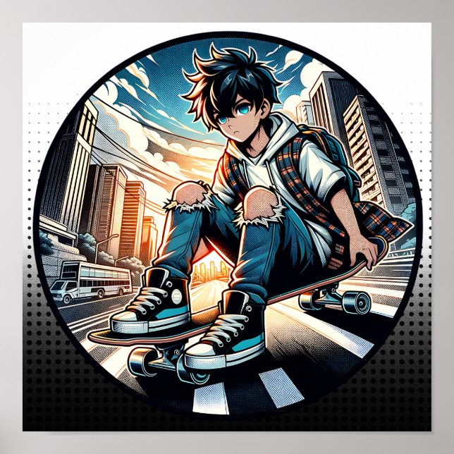 Pop Art Boy on Skateboard in City  Poster (Front)