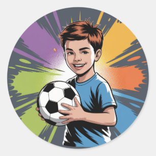 Pop Art Boy Soccer Player Birthday Bash Classic Round Sticker