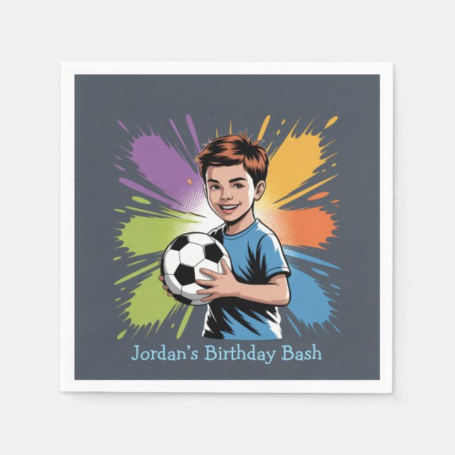 Pop Art Boy Soccer Player Birthday Bash Napkin (Front)
