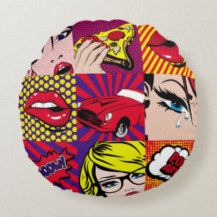 Pop art Card Illustrationpattern,art,comic,pop,ret Round Cushion
